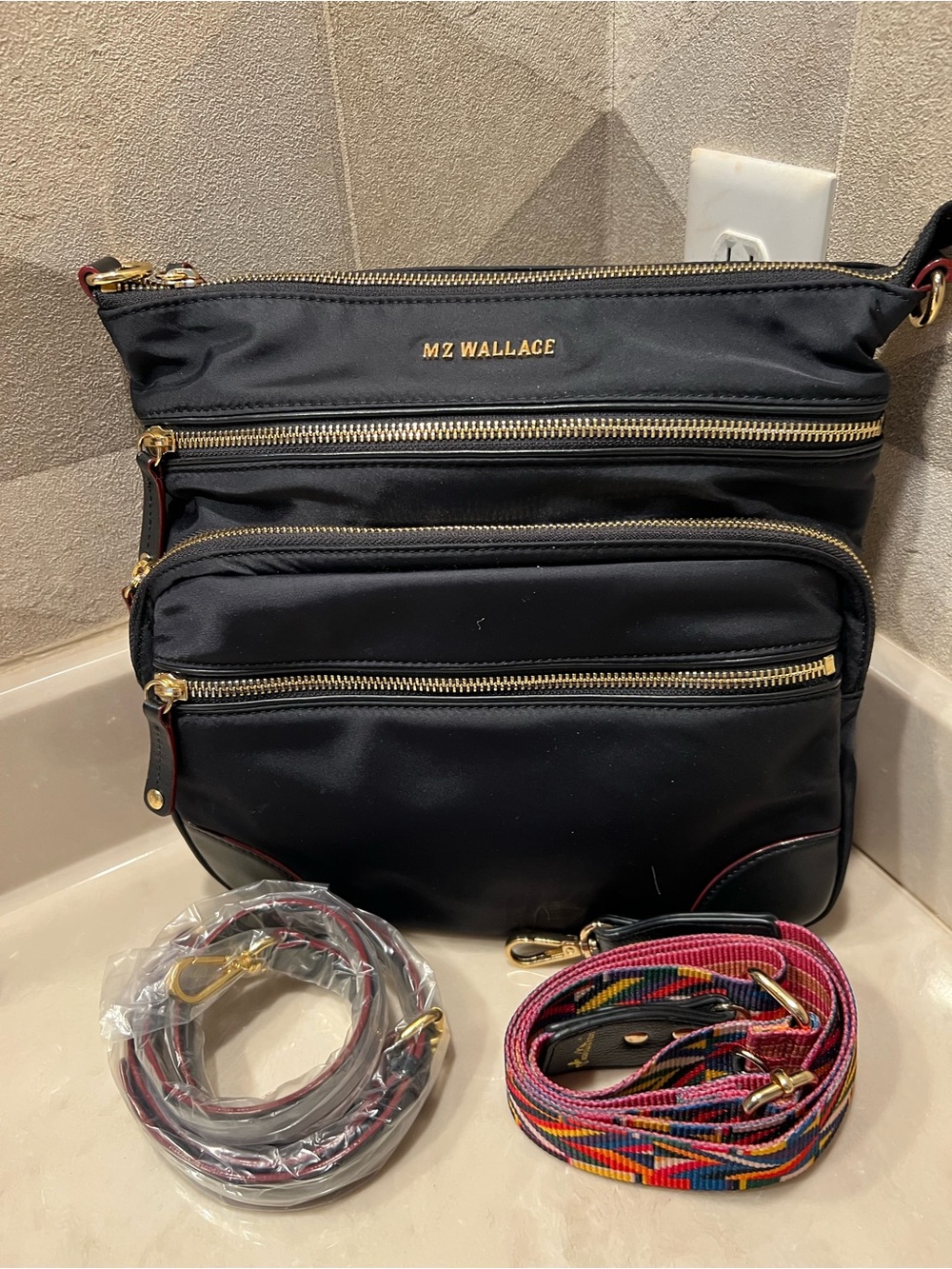 MZ Wallace Large Tribeca Bedford Nylon Crossbody BLACK with Gold Hardware - Picture 2 of 10